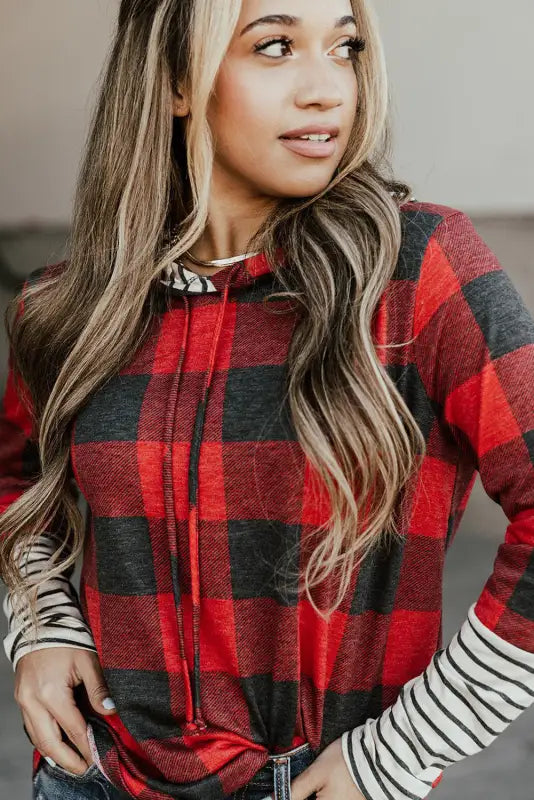 Red christmas plaid striped patchwork drawstring hoodie - sweatshirts & hoodies