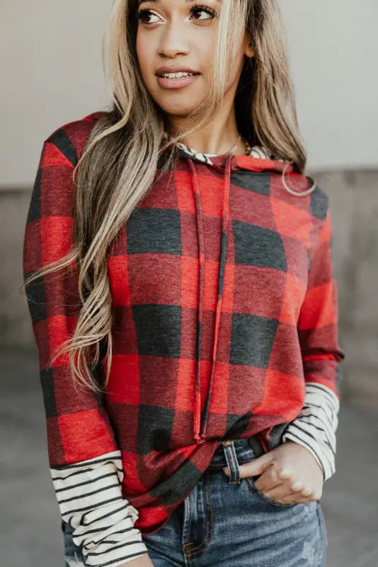 Red christmas plaid striped patchwork drawstring hoodie - sweatshirts & hoodies