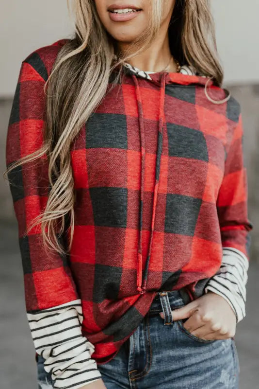 Red christmas plaid striped patchwork drawstring hoodie - s / 100% polyester - sweatshirts & hoodies