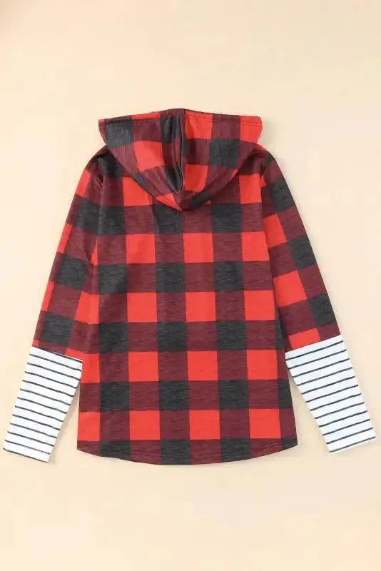 Red Christmas Plaid Drawstring Hoodie - Fashionfitz