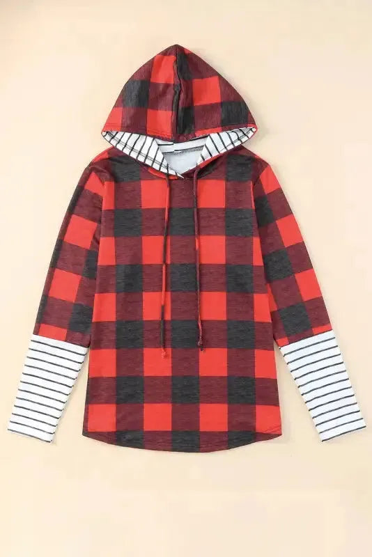 Red Christmas Plaid Drawstring Hoodie - Fashionfitz