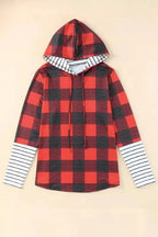 Red Christmas Plaid Drawstring Hoodie - Fashionfitz