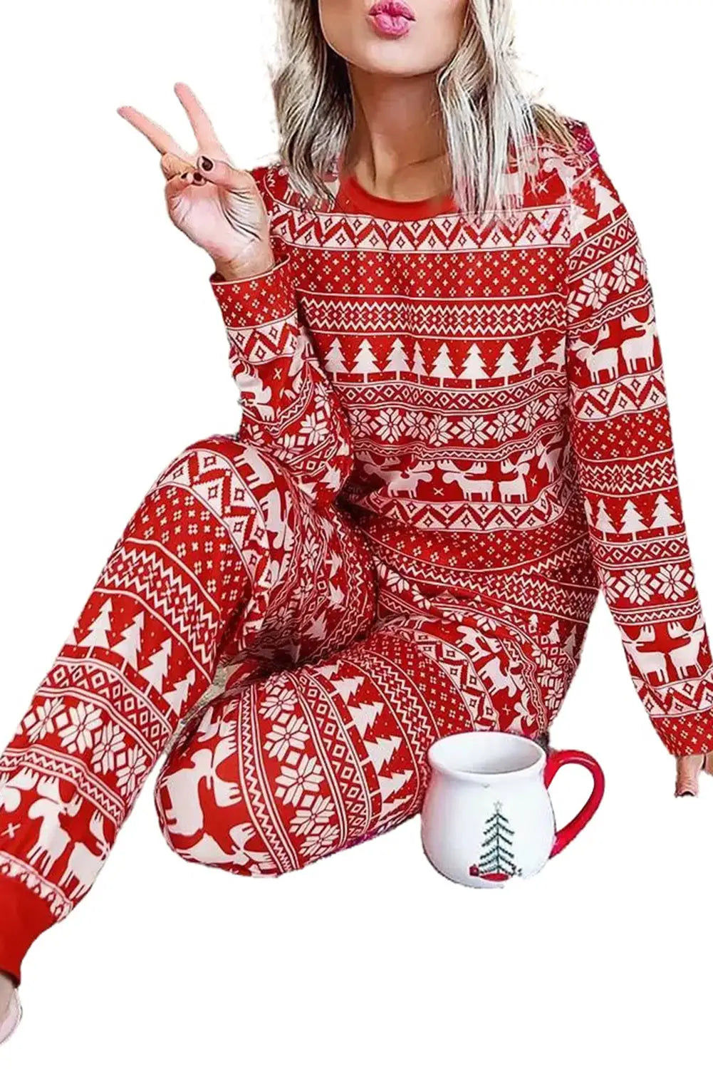 Red christmas tree reindeer pullover and pants lounge set -