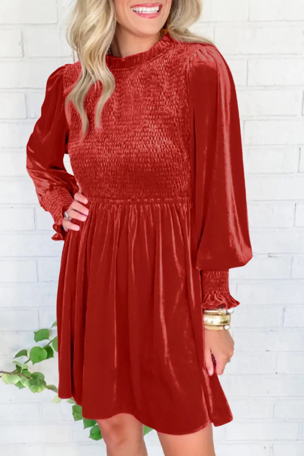 Red clay frilled neck smocked bodice velvet dress - l / 95% polyester + 5% elastane - mini dresses