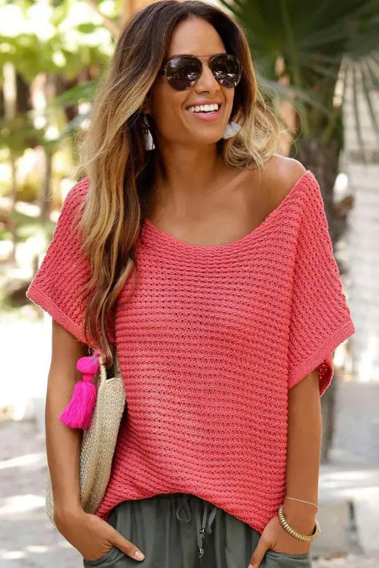 Red clay solid loose knit short dolman sleeve sweater - sweaters & cardigans