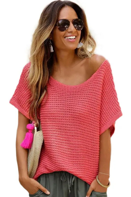 Red clay solid loose knit short dolman sleeve sweater - sweaters & cardigans