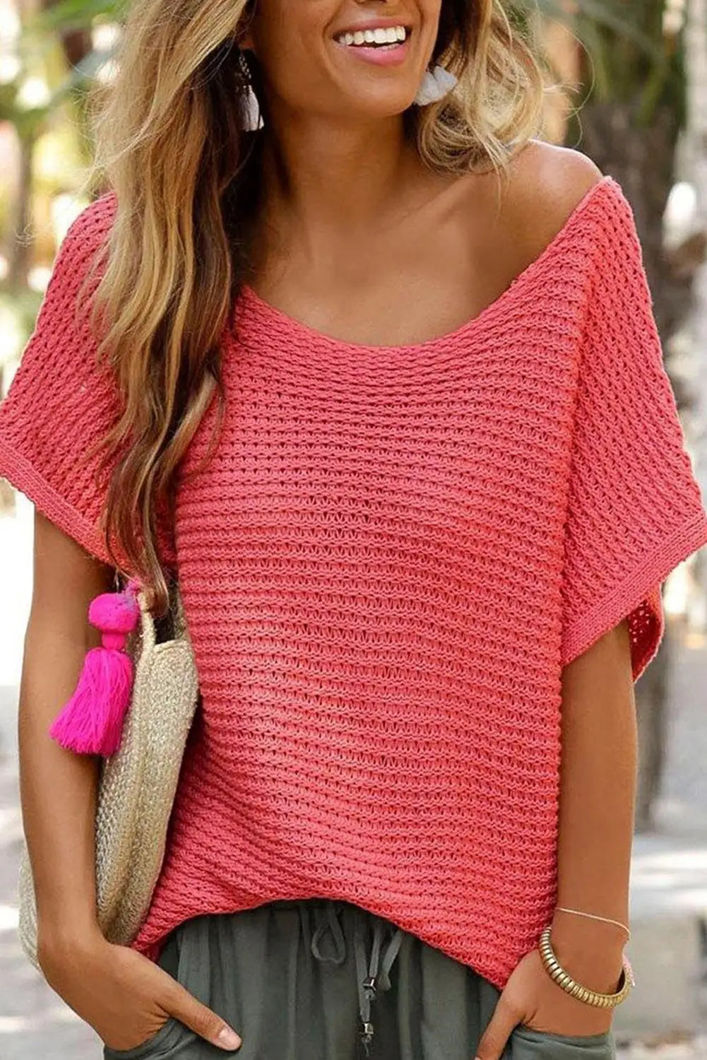 Red clay solid loose knit short dolman sleeve sweater - l / 100% acrylic - sweaters & cardigans