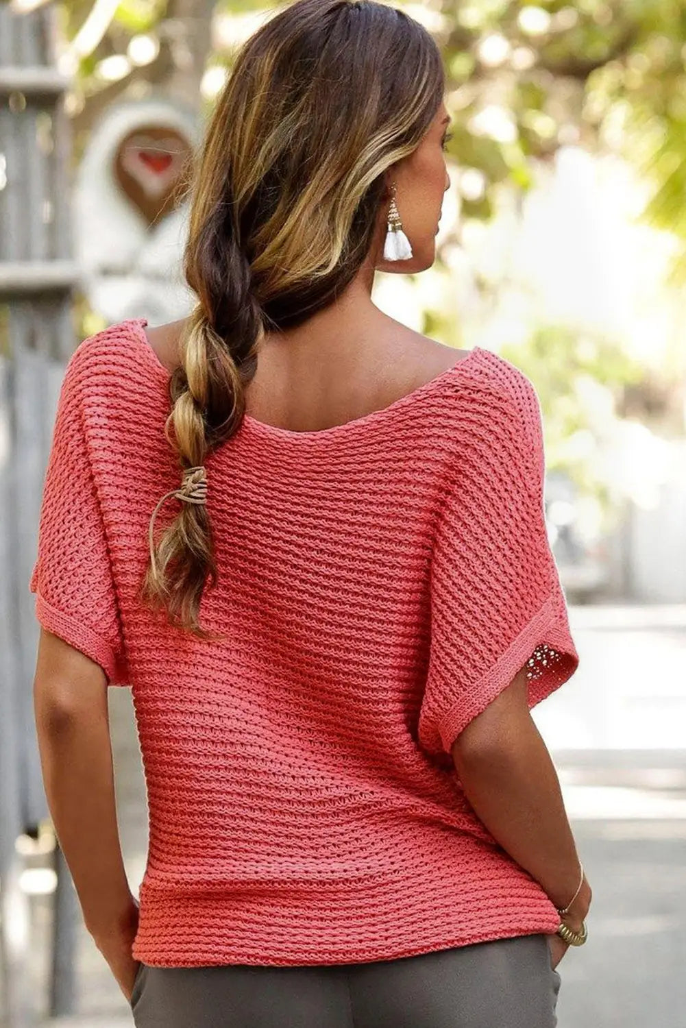 Red clay solid loose knit short dolman sleeve sweater - sweaters & cardigans