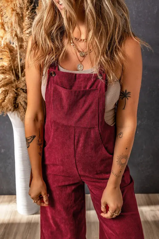 Red solid color corduroy wide leg bib overalls - jumpsuits & rompers