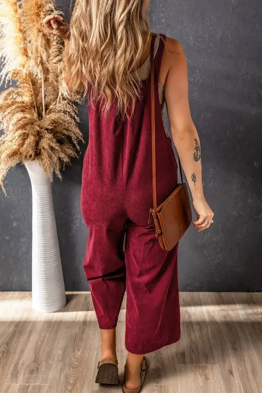 Red solid color corduroy wide leg bib overalls - jumpsuits & rompers