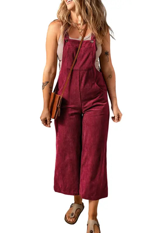 Red solid color corduroy wide leg bib overalls - jumpsuits & rompers