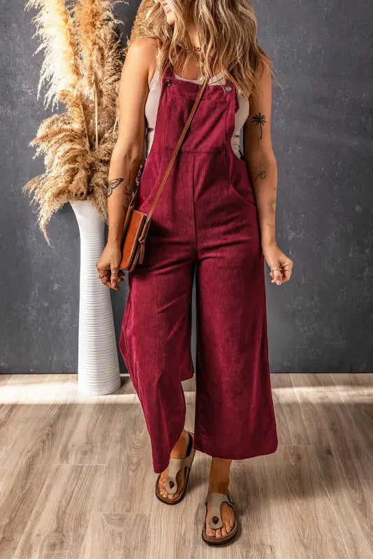 Red solid color corduroy wide leg bib overalls - jumpsuits & rompers