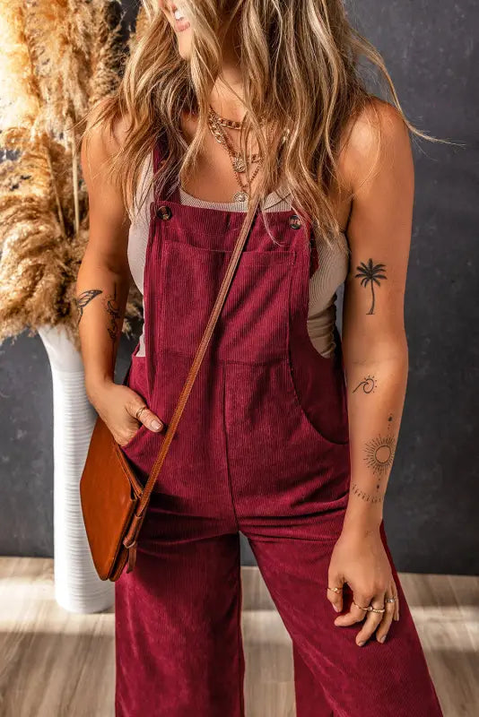 Red solid color corduroy wide leg bib overalls - jumpsuits & rompers