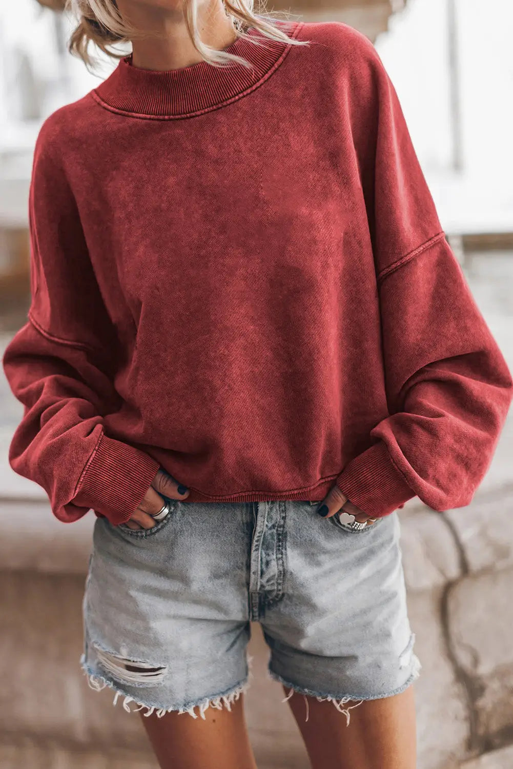Red dahlia drop shoulder crew neck pullover sweatshirt - 2xl / 75% polyester + 25% cotton - sweatshits & hoodies