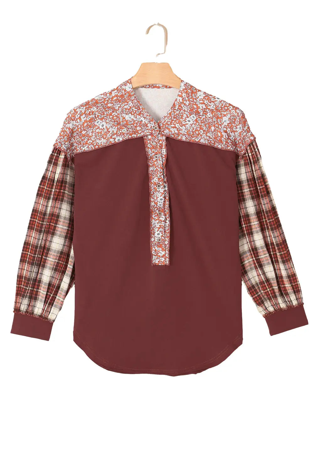 Red dahlia mixed print half buttons plus size pullover top