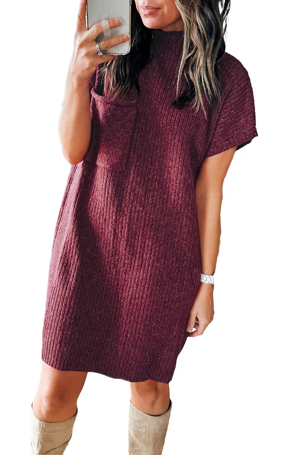 Red dahlia patch pocket ribbed knit short sleeve sweater dress - dresses