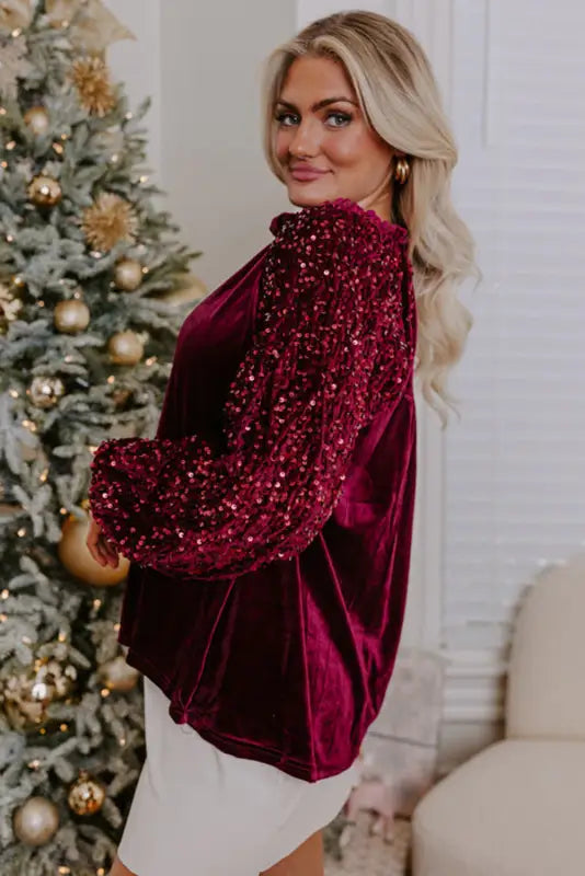 Elegant velvet top with sequin sleeves | shop