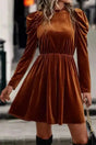 Chestnut velvet swing dress with frilled neck and gigot sleeves, styled with black boots for a chic winter look.