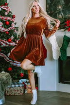 Red Dahlia Velvet Frilled Neck Gigot Sleeve Swing Dress - Fashionfitz