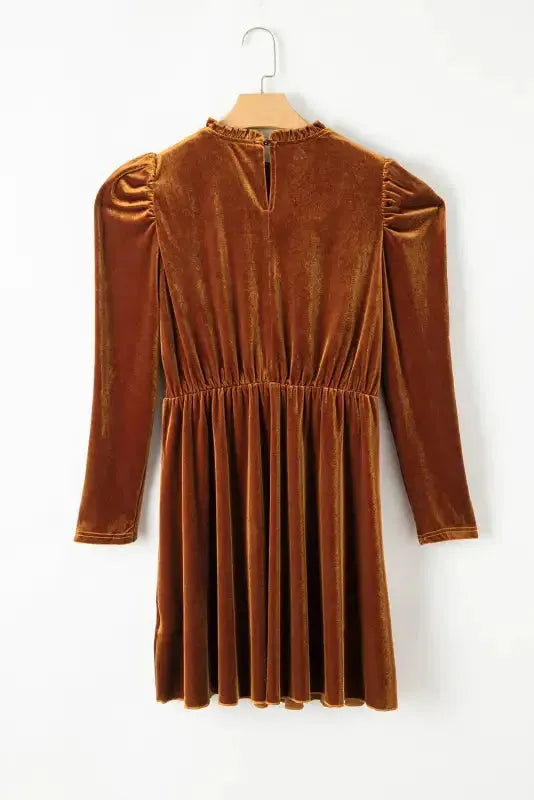 Red Dahlia Velvet Frilled Neck Gigot Sleeve Swing Dress - Fashionfitz