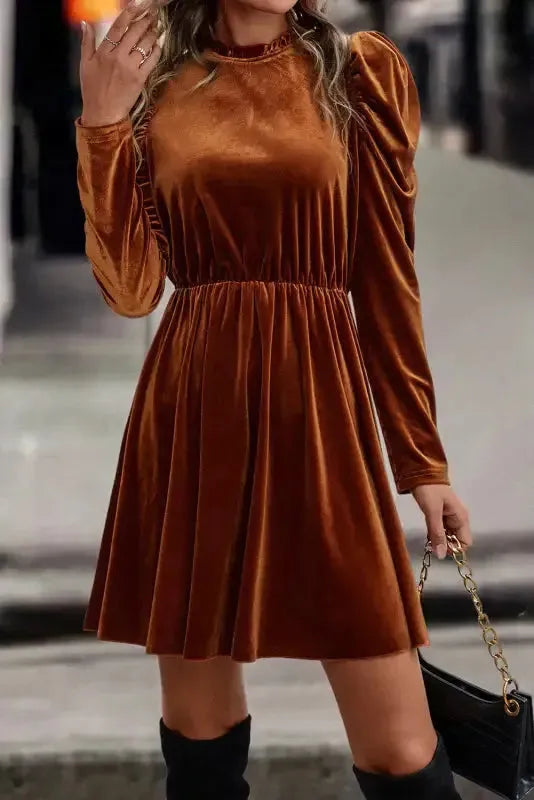 Red Dahlia Velvet Frilled Neck Gigot Sleeve Swing Dress - Fashionfitz