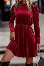 Red Dahlia Velvet Frilled Neck Gigot Sleeve Swing Dress - Fashionfitz