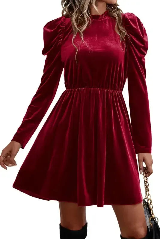 Red Dahlia Velvet Frilled Neck Gigot Sleeve Swing Dress - Fashionfitz
