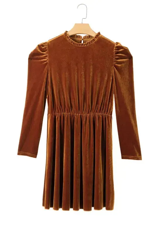 Red Dahlia Velvet Frilled Neck Gigot Sleeve Swing Dress - Fashionfitz