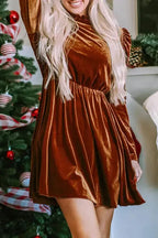 Red Dahlia Velvet Frilled Neck Gigot Sleeve Swing Dress - Fashionfitz