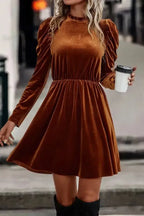 Red Dahlia Velvet Frilled Neck Gigot Sleeve Swing Dress - Fashionfitz