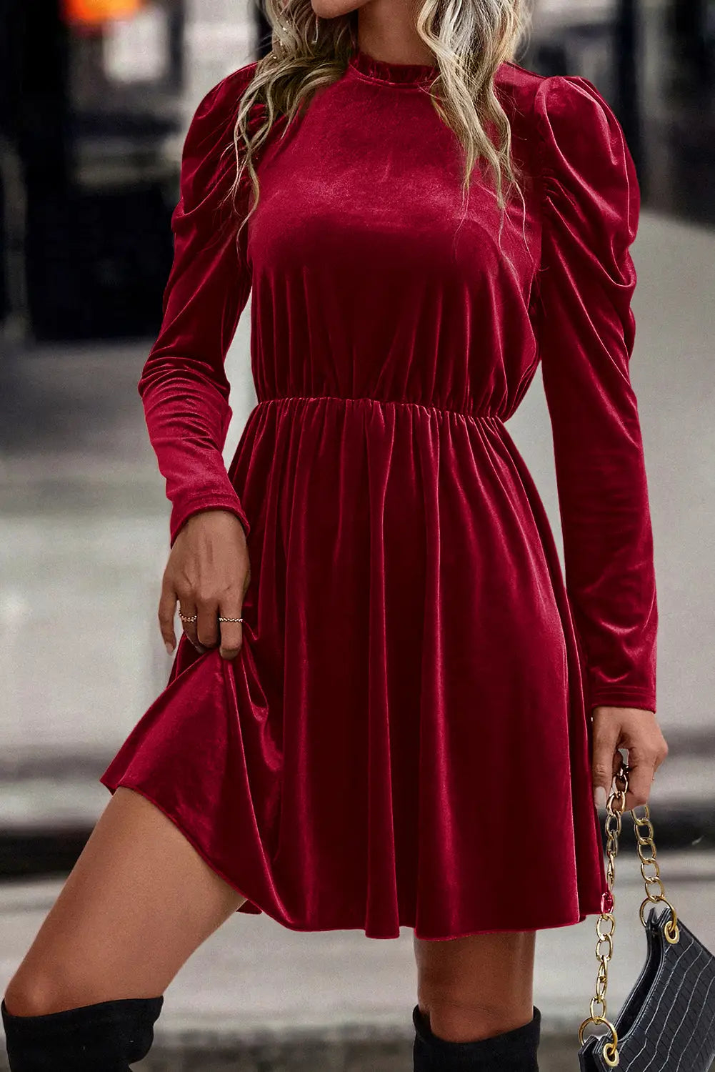 Red dahlia velvet frilled neck gigot sleeve swing dress - mini dresses