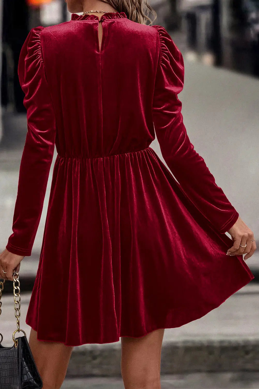 Red dahlia velvet frilled neck gigot sleeve swing dress -
