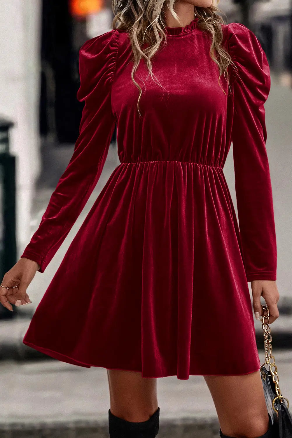 Red dahlia velvet frilled neck gigot sleeve swing dress - l / 95% polyester + 5% elastane - mini dresses