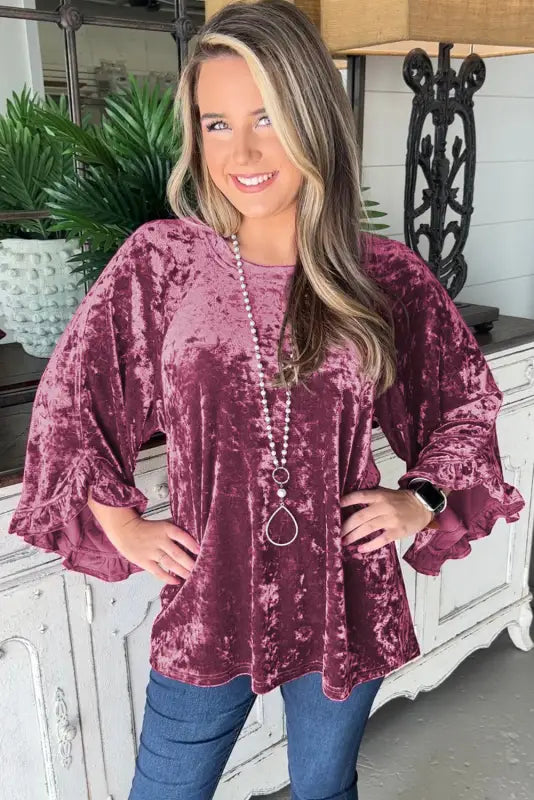 Red dahlia velvet pagoda sleeve crew neck top - tops