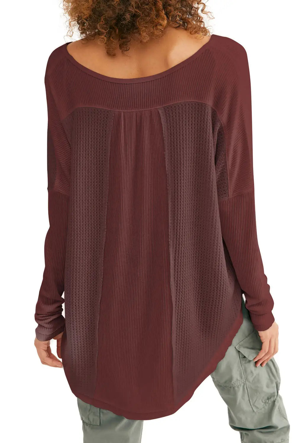 Red dahlia waffle ribbed knit patchwork henley top - long sleeve tops