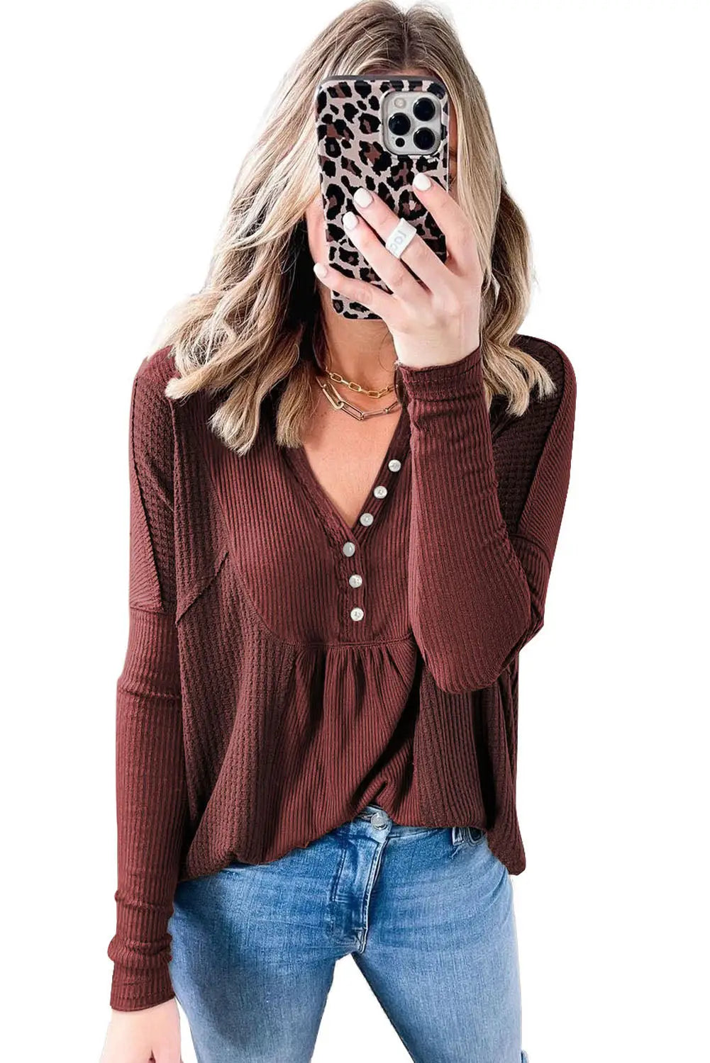 Red dahlia waffle ribbed knit patchwork henley top - long sleeve tops