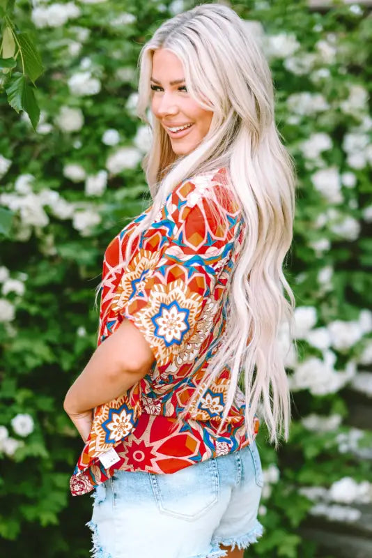 Red floral batwing sleeve blouse - tops/blouses & shirts