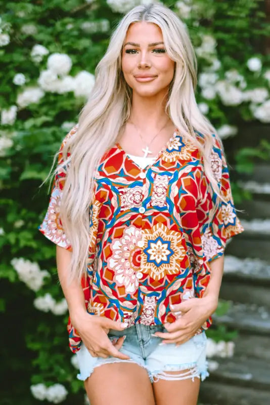 Red floral batwing sleeve blouse - tops/blouses & shirts