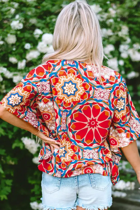 Red floral batwing sleeve blouse - tops/blouses & shirts