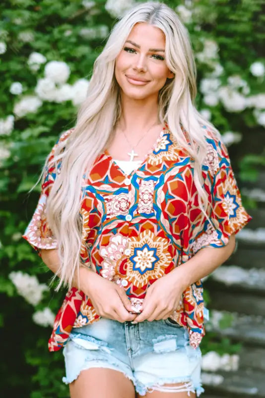 Red floral batwing sleeve blouse - tops/blouses & shirts