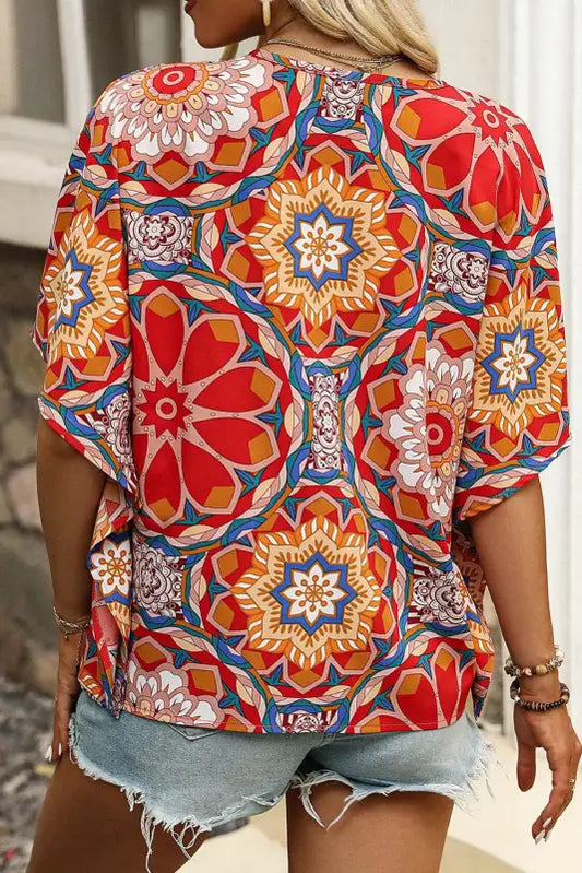 Red floral batwing sleeve blouse - tops/blouses & shirts