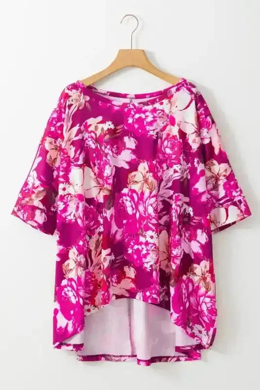 Red Floral Blouse - Short Sleeve Plus Size - Fashionfitz