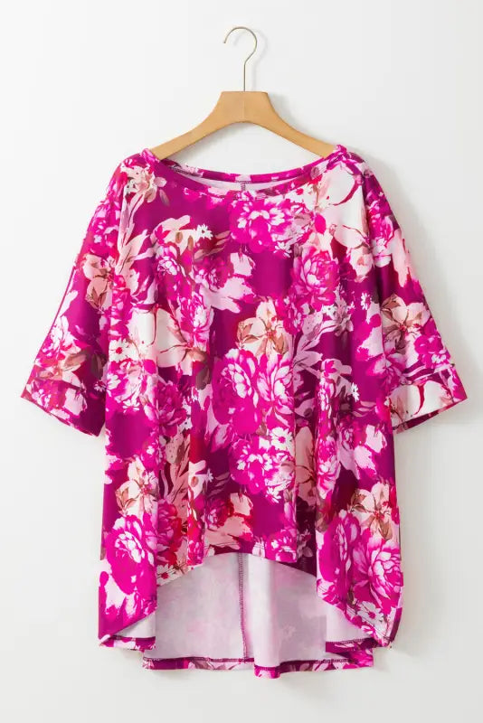 Red floral blouse - short sleeve plus size - 1x / 95% polyester + 5% elastane - blouses