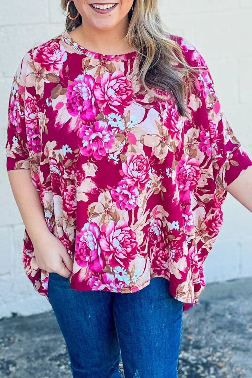 Red floral blouse - short sleeve plus size - 1x / 95% polyester + 5% elastane - blouses & shirts