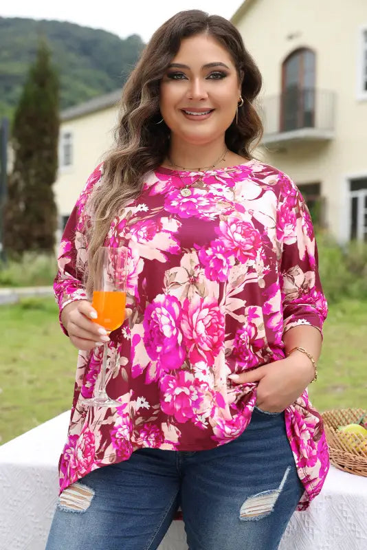 Red floral blouse - short sleeve plus size - blouses