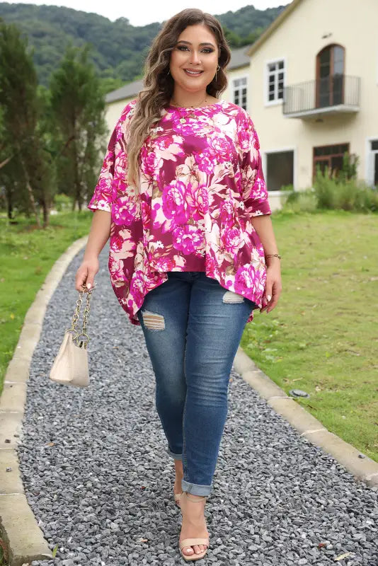 Red floral blouse - short sleeve plus size - blouses