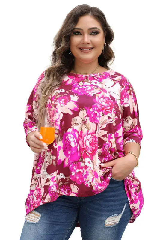 Red floral blouse - short sleeve plus size - blouses