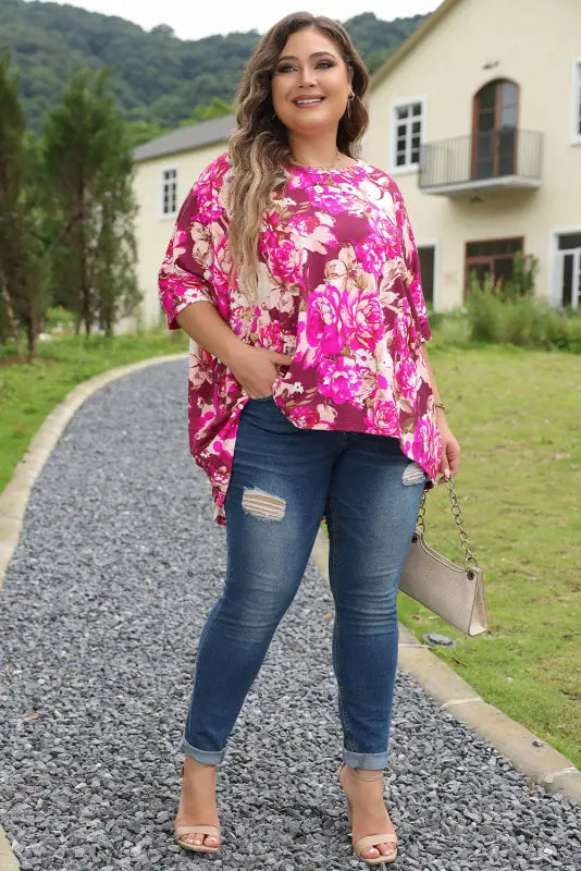 Red floral blouse - short sleeve plus size - blouses