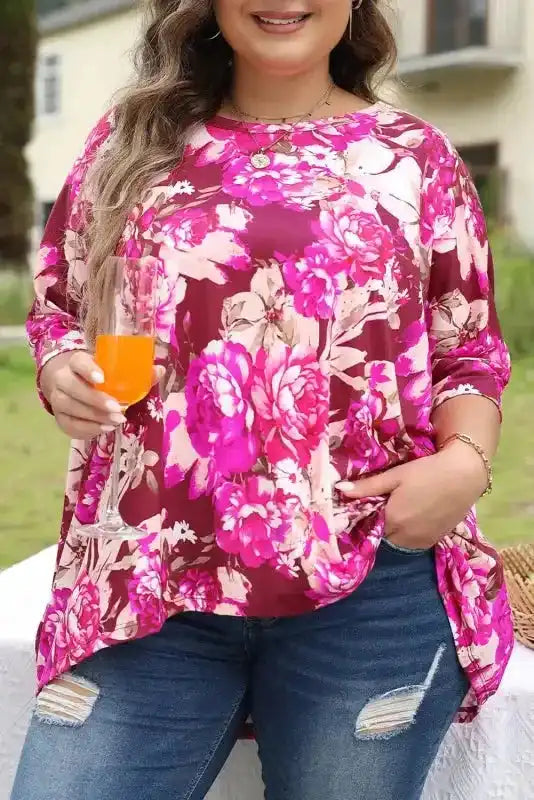 Red Floral Blouse - Short Sleeve Plus Size - Fashionfitz