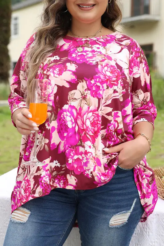 Red floral blouse - short sleeve plus size - blouses